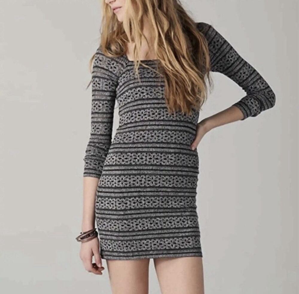 Free People Good Girl Gone Grey Dress Medium Gray Black Lace Up Back Bodycon